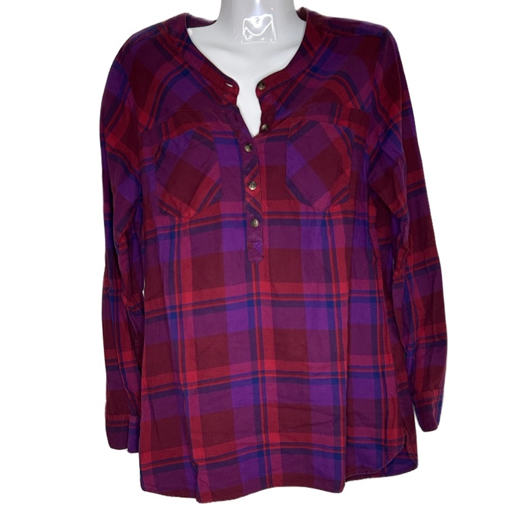 Eddie Bauer Shirt Womens Medium Purple Red Plaid Button Down convertible sleeve